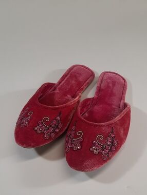 Gap Hot Pink Velvet Beaded & Embroidered Slippers, Size 7/8